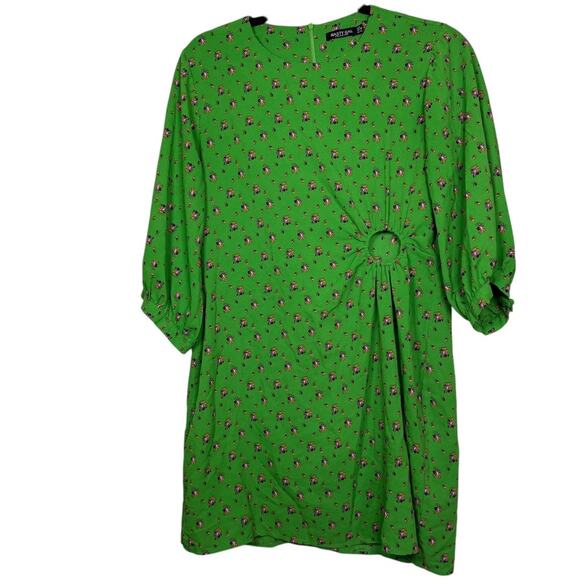 Nasty Gal green Floral Print Cut Out Puff Sleeve Mini Dress Size 8 - Picture 2 of 11